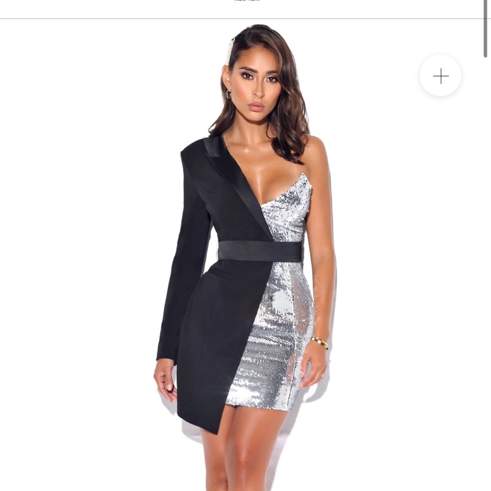 One Sleeved Sequin Crepe Tuxedo Blazer Dress
